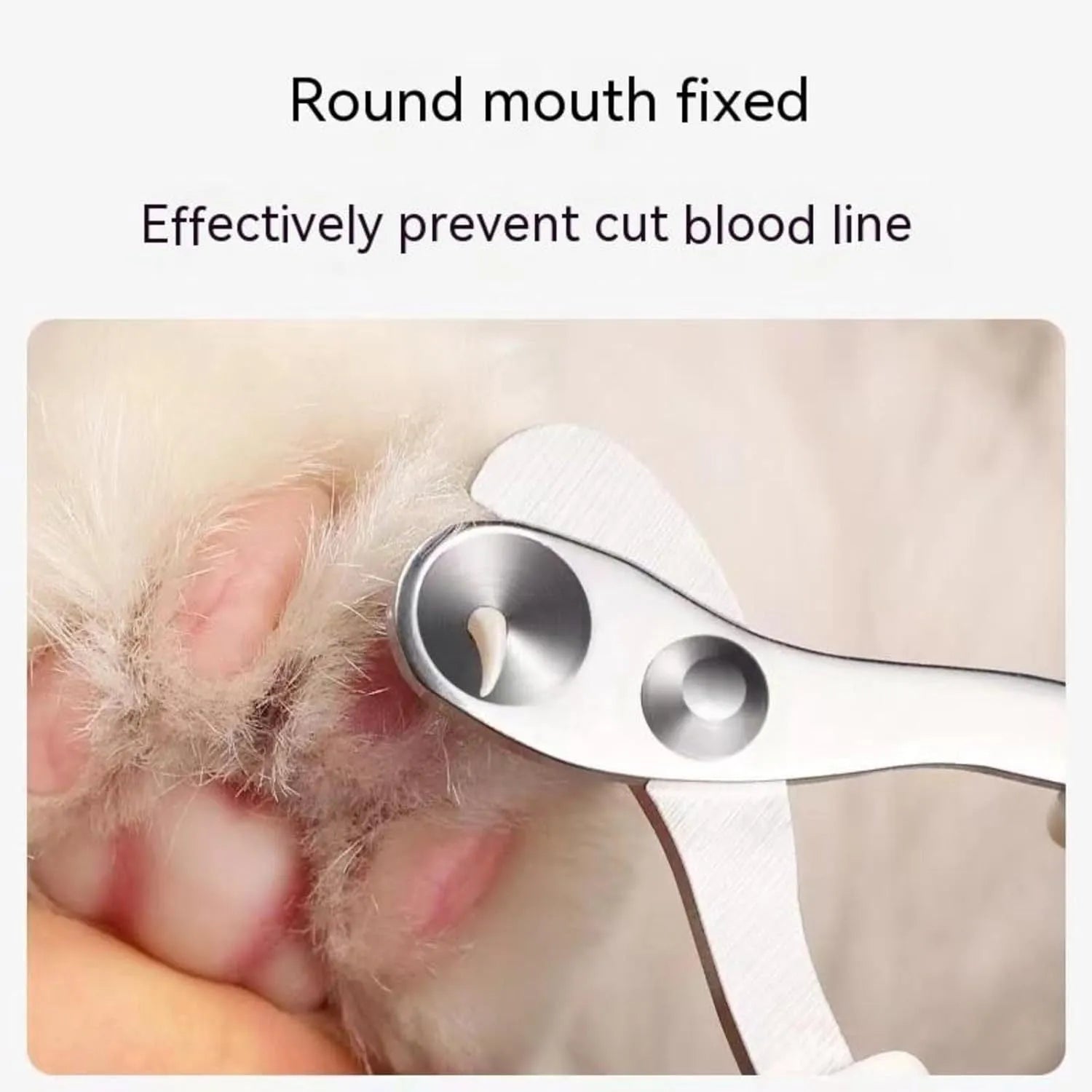 Blue cat nail clippers with a circular safety hole and cushioned non-slip grips on a white background.