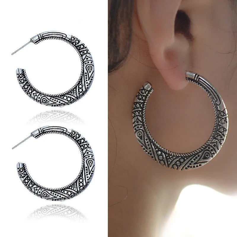 C-shaped earrings with vintage engraving street shot design, crafted from alloy metal, featuring a bronze colour finish and classic C-shaped silhouette suitable for everyday or occasion wear