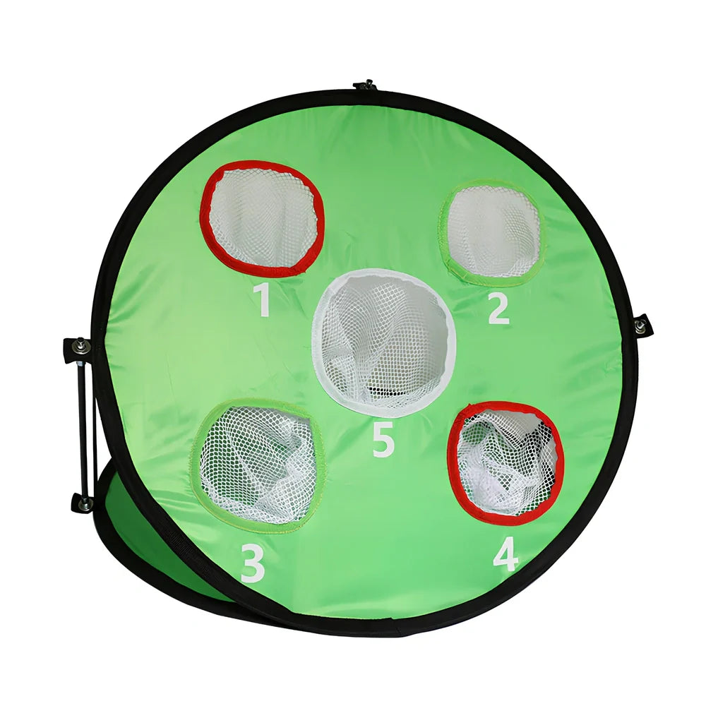 Green folding golf practice net measuring 57cm wide by 50cm high with fiberglass frame