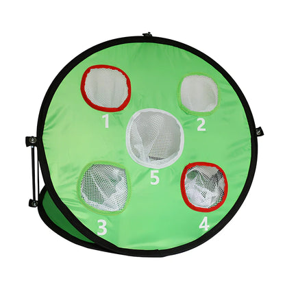 Green folding golf practice net measuring 57cm wide by 50cm high with fiberglass frame