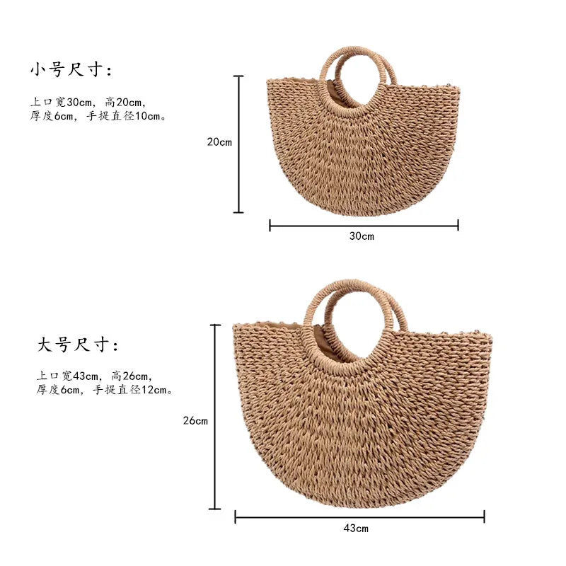 Woven paper rope and straw crescent handbag in natural light brown with hard handle and drawstring closure