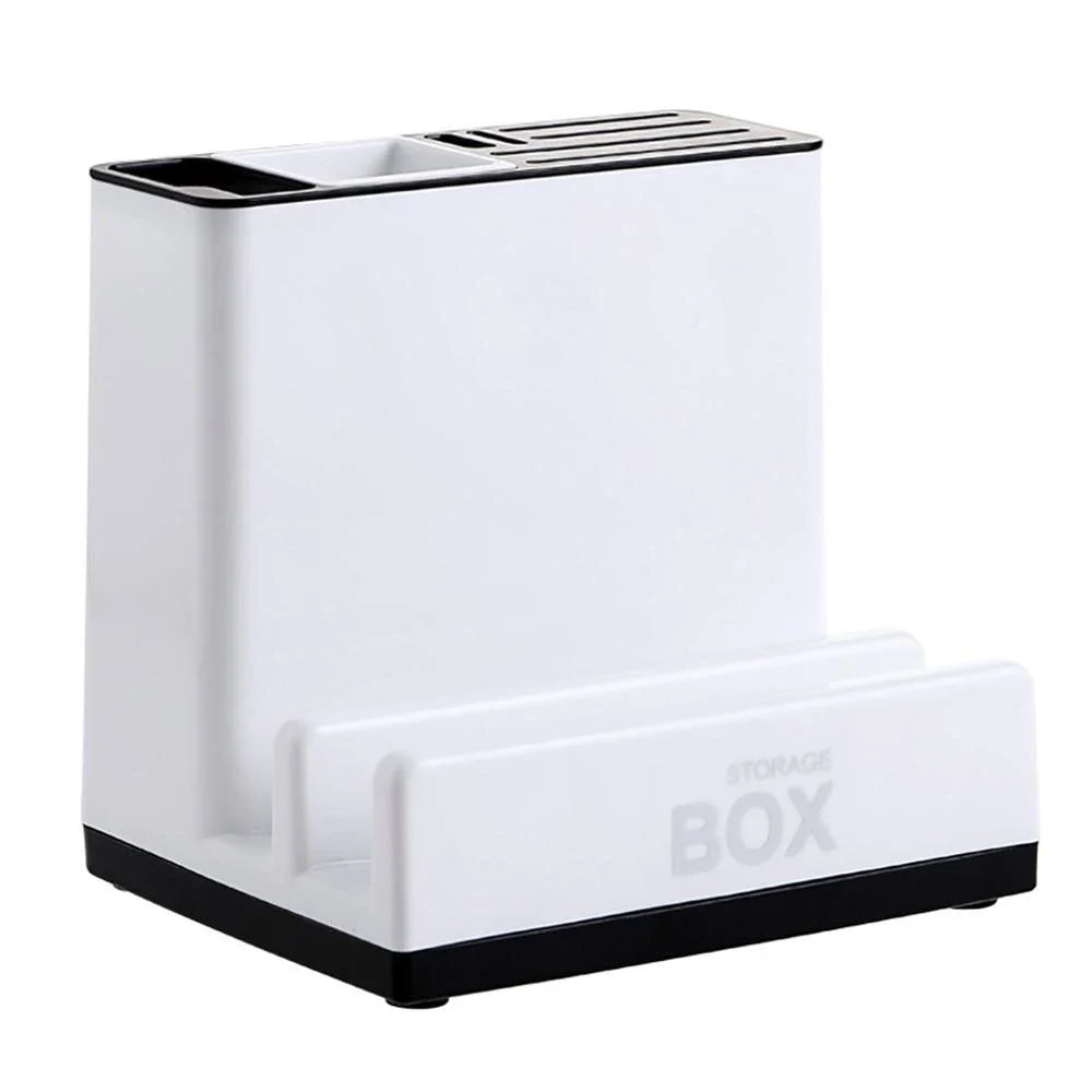 A modern, white plastic kitchen storage rack with integrated shelves for organizing cutlery, utensils, and tableware