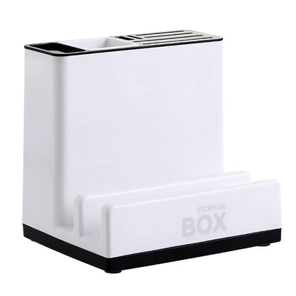 A modern, white plastic kitchen storage rack with integrated shelves for organizing cutlery, utensils, and tableware
