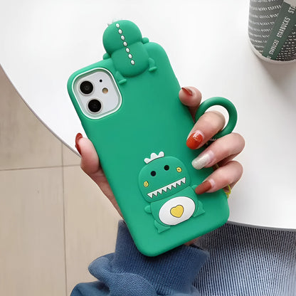 Green silicone iPhone case with animal cartoon design showing drop protection and waterproof features