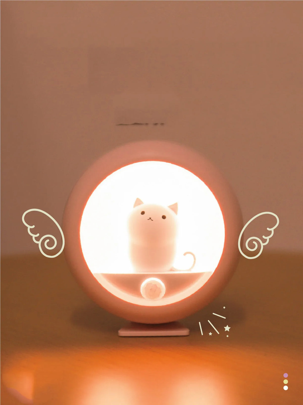 Baby bedside sleep lamp showing orange, pink and white colour modes with projection feature