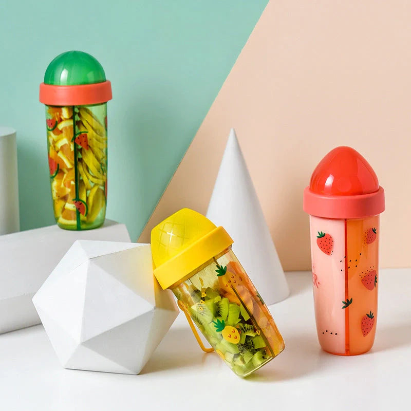 Double straw cup with leak-proof design for couples, available in pineapple, strawberry, and watermelon patterns.