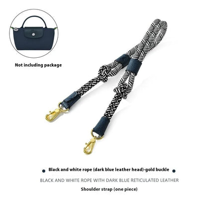 Braided rope and leather shoulder strap with a metal buckle in gold or silver finish