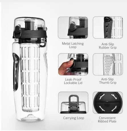 Black fruit infuser shaker bottle with removable transparent fruit holder, 900ml capacity.