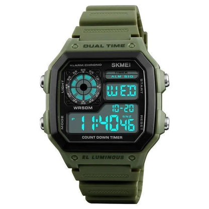Skmei men's digital sports watch with 43 mm rubber case, PU strap, and LED display