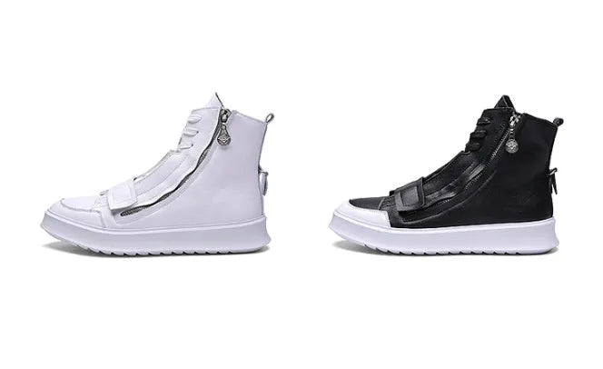 Men's black and white PU leather ankle boots in high-top sneaker style with microfiber upper, sizes 38-43
