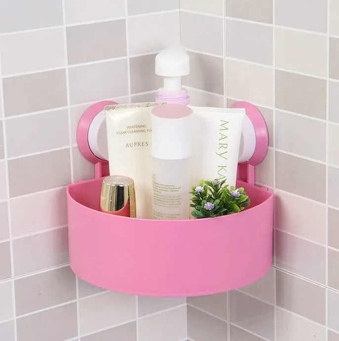Bathroom corner shelf in blue, green, rose or white, triangle shape, double suckers, drainage holes, 7.5 x 14.5 x 14.5 cm