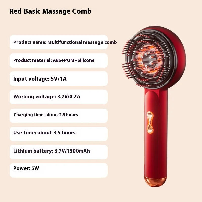 Black handheld plastic massage hair comb with red and blue lights on, showing teeth and Type-C charging port.
