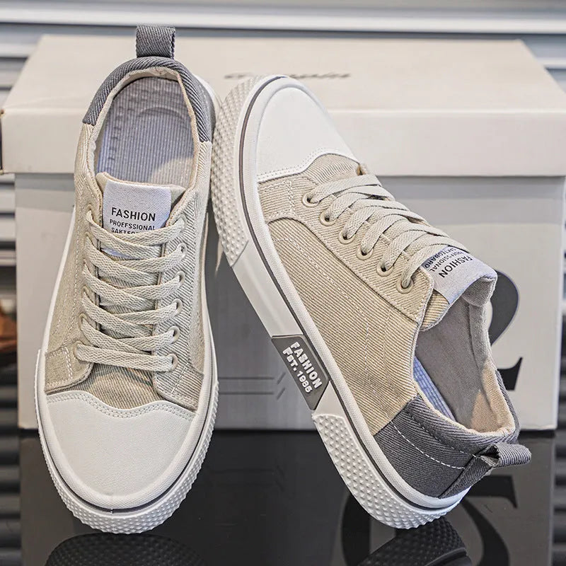 Men's canvas skate shoes with soft PVC injection-moulded sole and breathable low-top design, casual sports footwear available in sizes 37-48 across four colours including K22 Blue, Beige, Green, and Black