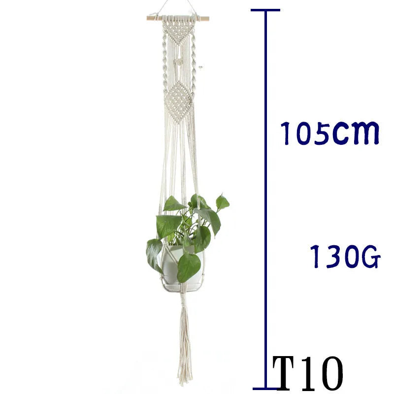 Handmade beige cotton rope net bag holding a plant pot, showing its textured sling design.