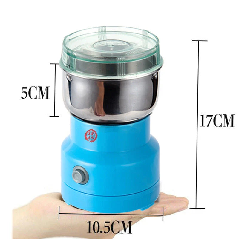 Versatile stainless steel grain grinder with transparent cover for milling flours, coffee beans, and spices