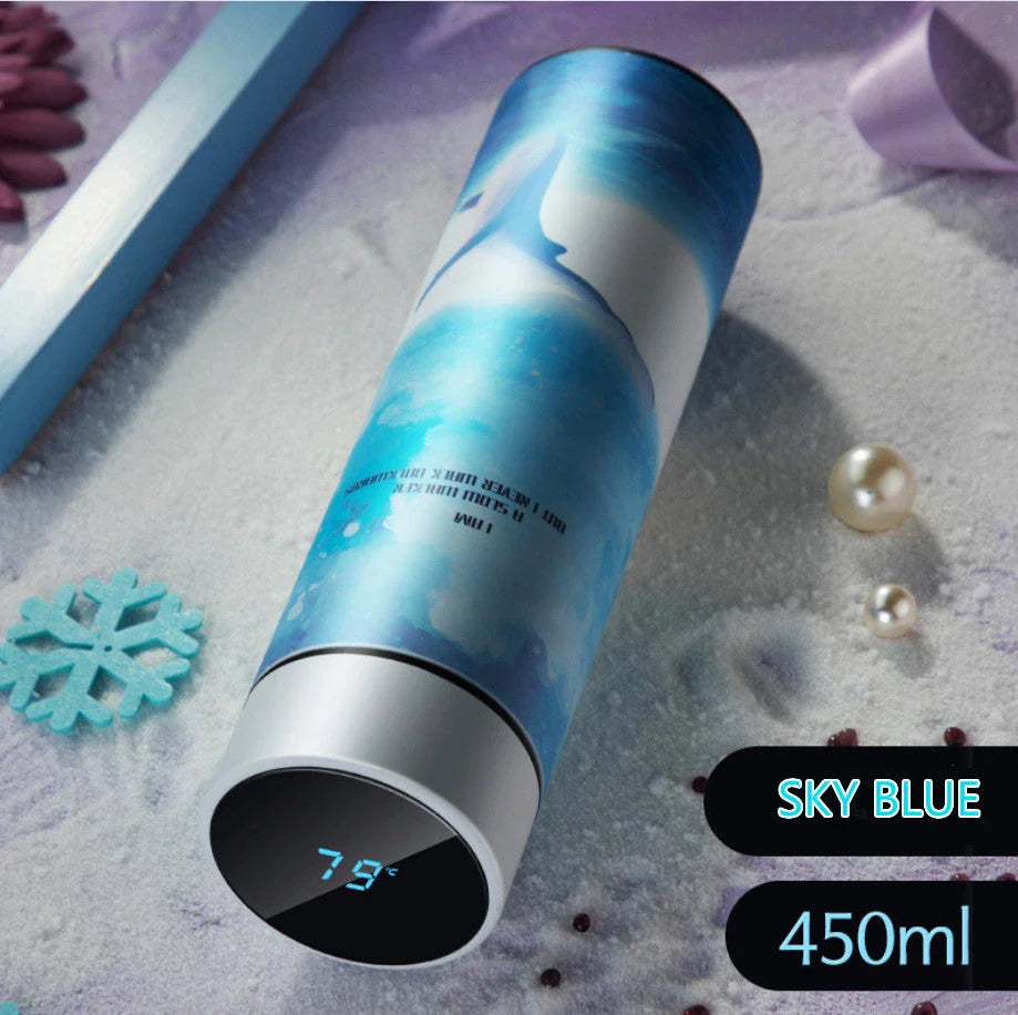 Sleek stainless steel vacuum flask with LED temperature display in various colors and capacities