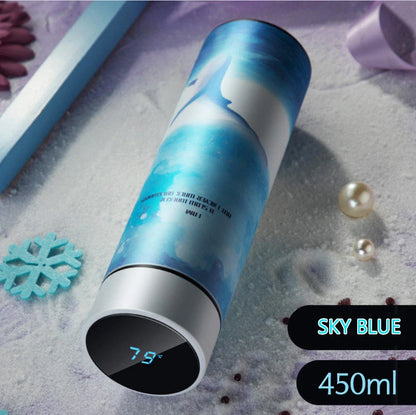 Sleek stainless steel vacuum flask with LED temperature display in various colors and capacities
