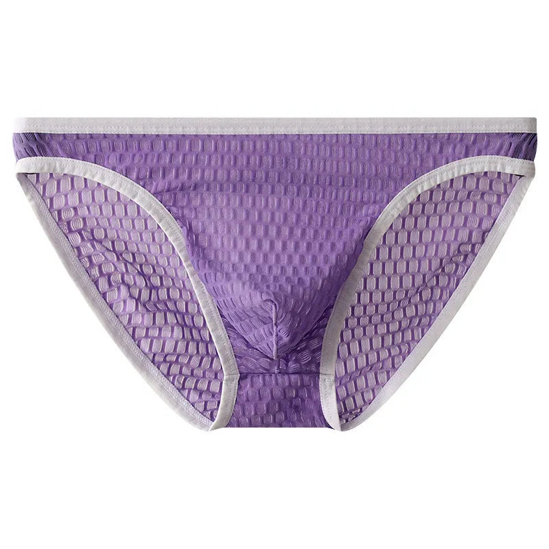 Men's low waist transparent lace underwear in various colours on a size chart background.