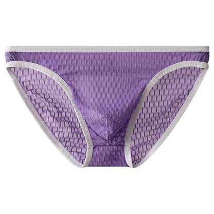 Men's low waist transparent lace underwear in various colours on a size chart background.