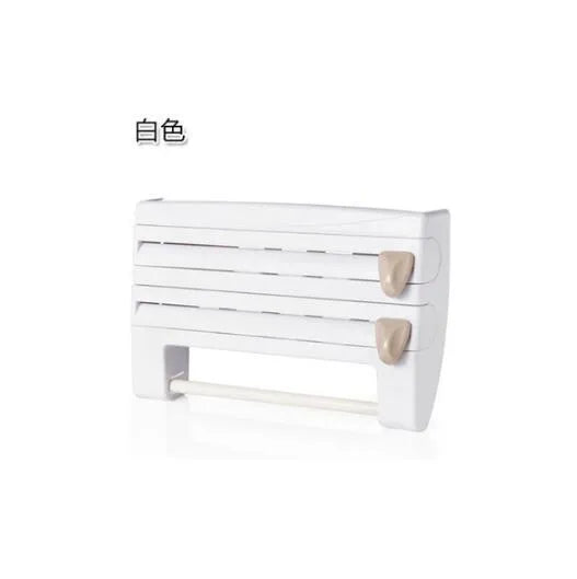 White wall-mounted kitchen roll holder dispenser for cling film, foil, and paper towels.
