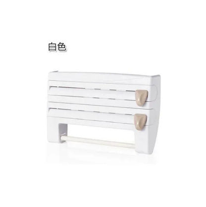 White wall-mounted kitchen roll holder dispenser for cling film, foil, and paper towels.
