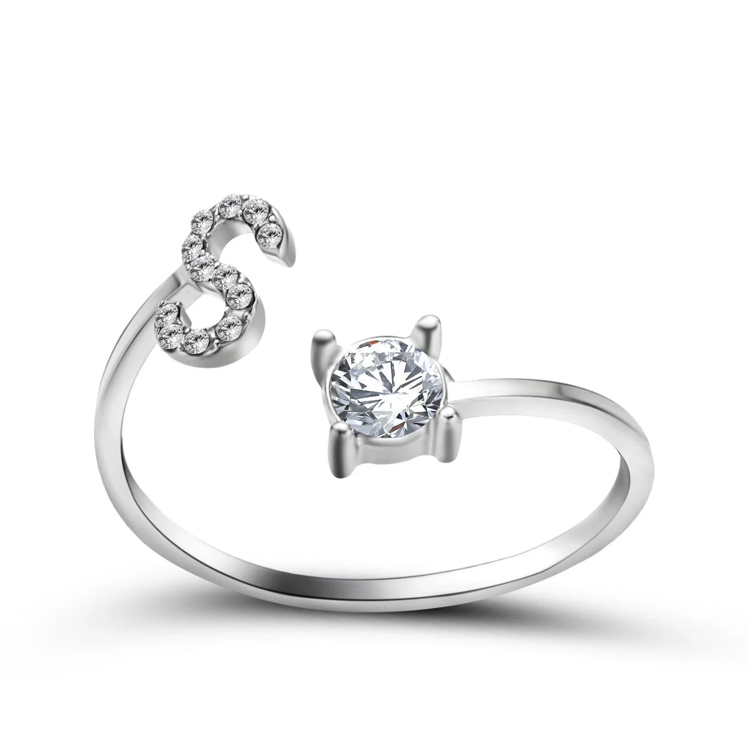 Personalized Initial Letter Crystal Ring with Adjustable Design in Gold, Silver, and Rose Gold Colors