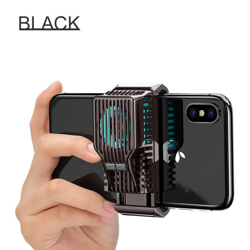 Black mobile phone radiator clip with ceramic cooling plate and aluminium alloy frame on a smartphone.