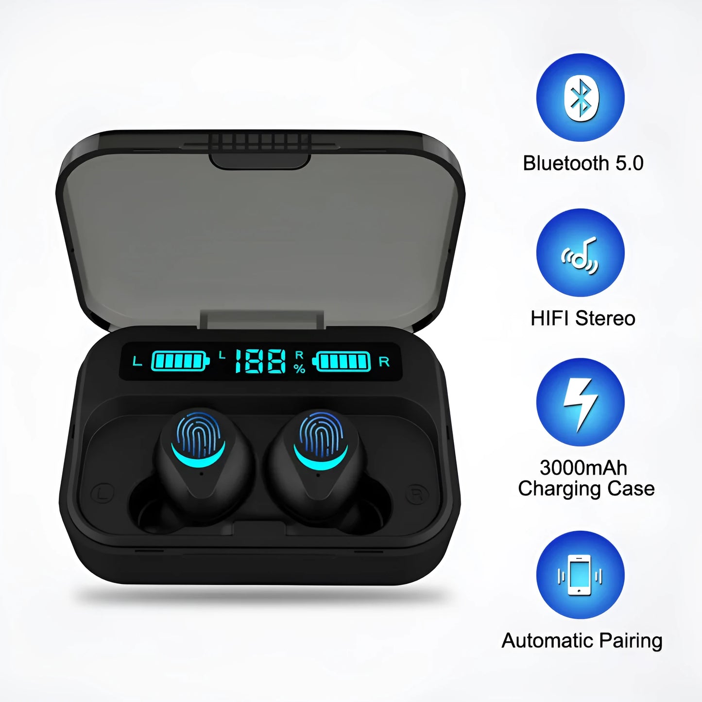 Black TWS Bluetooth earpieces showing left and right stereo units