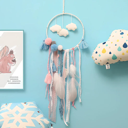 Bohemian cloud dream catcher wind chime pendant, 70cm drop with metal ring, grey cloth web, wooden beads, and shells for window or car hanging