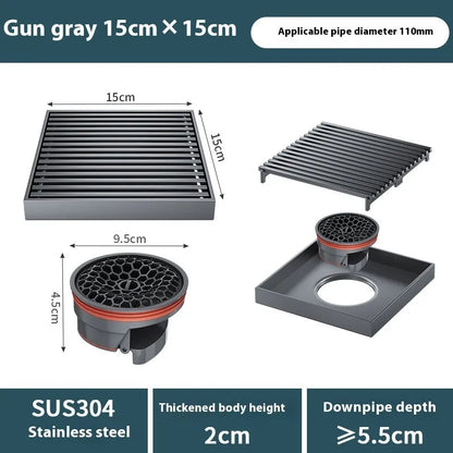 304 stainless steel courtyard deodorant floor drain with gun grey finish and 15x15 cm ABS plastic core