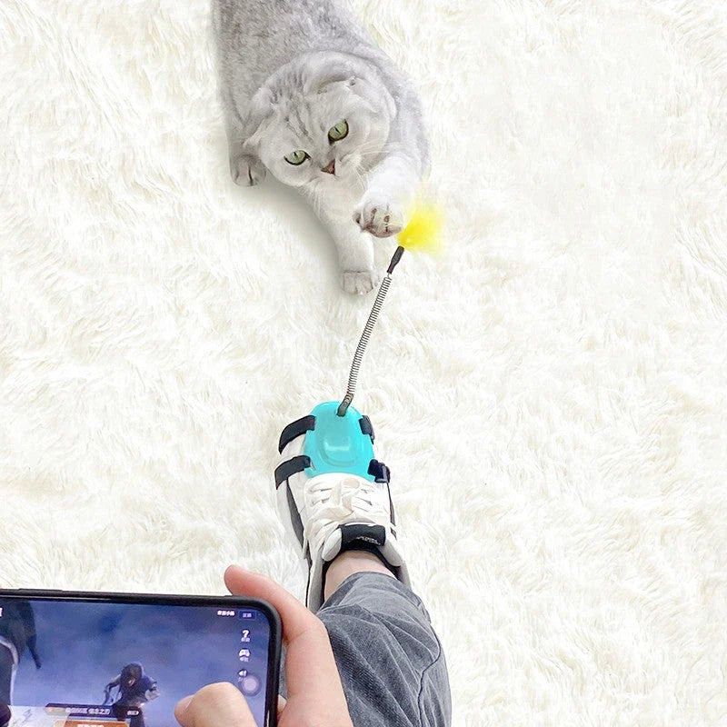 Playful cat chasing and pouncing on a feather-tipped wand toy designed to engage their natural hunting instincts