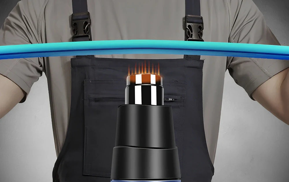 Industrial heat gun with temperature dial showing 300-500°C range and dual air flow settings