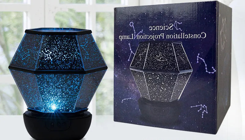 Children's rotating star projector night light showing blue, green, and yellow stars projected on a ceiling.