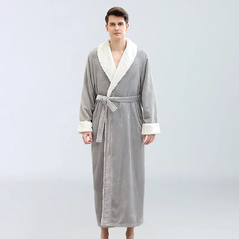 Men's winter long bathrobe in coral fleece, sleeveless no-collar, light grey navy blue brown, sizes M L XL.