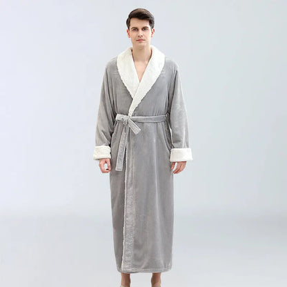 Men's winter long bathrobe in coral fleece, sleeveless no-collar, light grey navy blue brown, sizes M L XL.