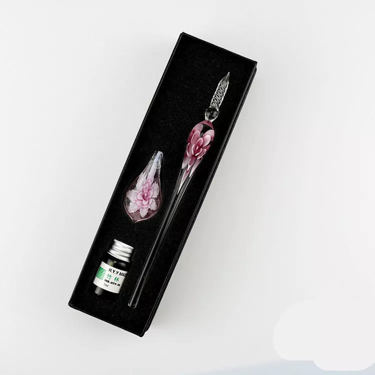 Crystal Flower Glass Dip Pen Set with floral patterns and borosilicate glass construction