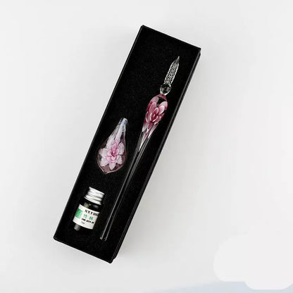 Crystal Flower Glass Dip Pen Set with floral patterns and borosilicate glass construction