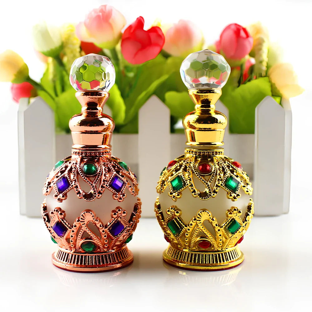 Arabic style glass perfume bottle with zinc alloy hardware and electroplated finish in choice of colours