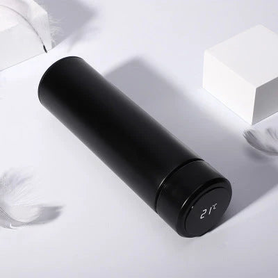 Sleek stainless steel vacuum flask with LED temperature display in various colors and capacities