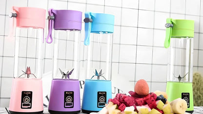 Portable USB rechargeable blender in blue with stainless steel blades, measuring 20 cm tall, for making smoothies.