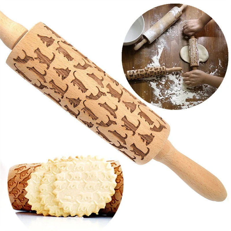 Festive rolling pin with embossed Christmas designs for easy imprinting on dough