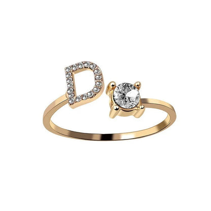 Personalized Initial Letter Crystal Ring with Adjustable Design in Gold, Silver, and Rose Gold Colors