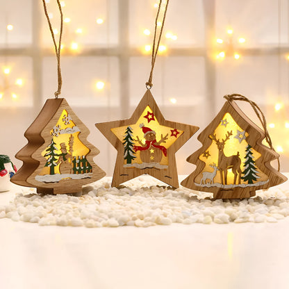 Set of four laser-cut wooden Christmas tree ornaments: old man, snowman, deer, and five-star snowman in mixed colours.