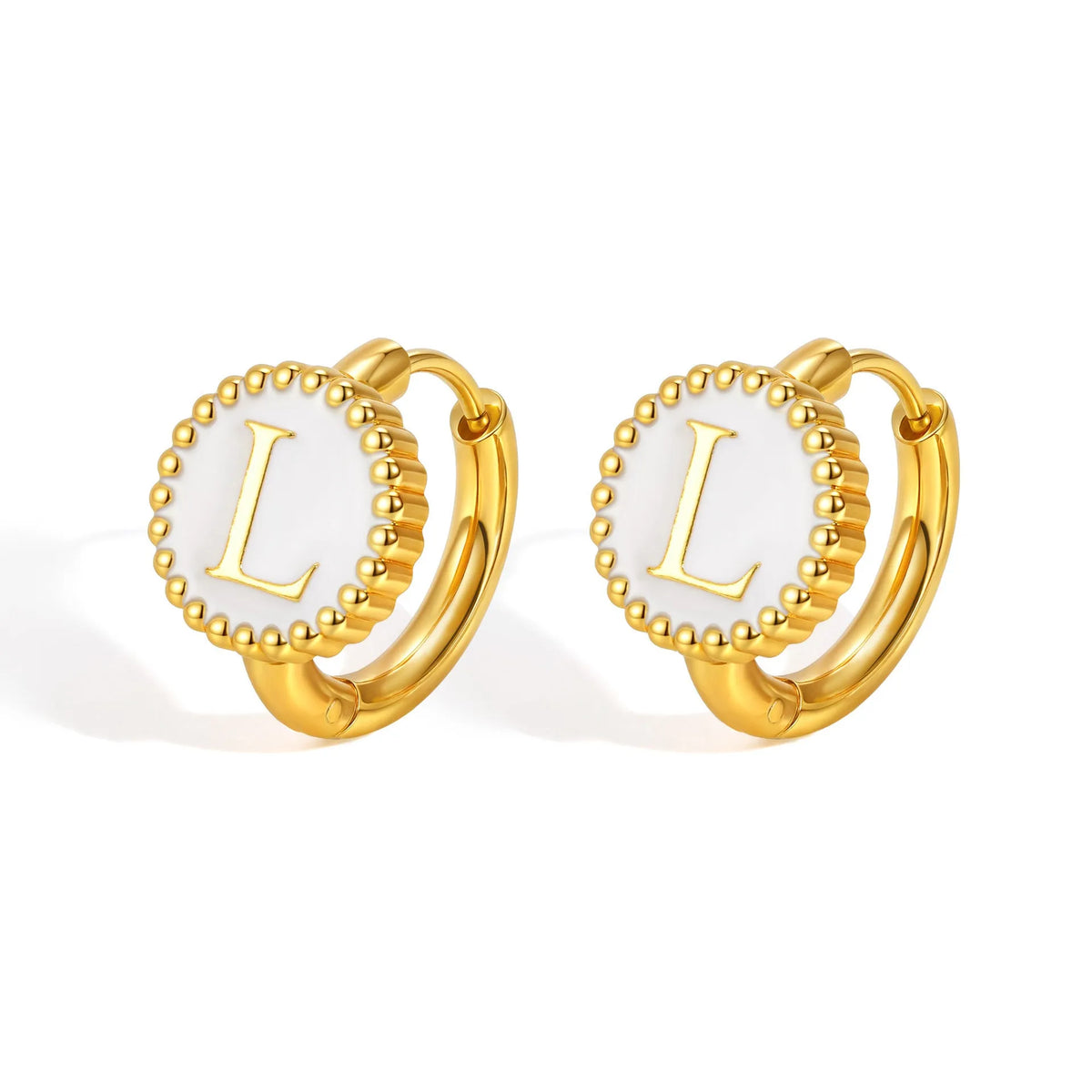 Round gold-tone letter earrings for women in stainless steel with electroplated finish, available in letters A to Z