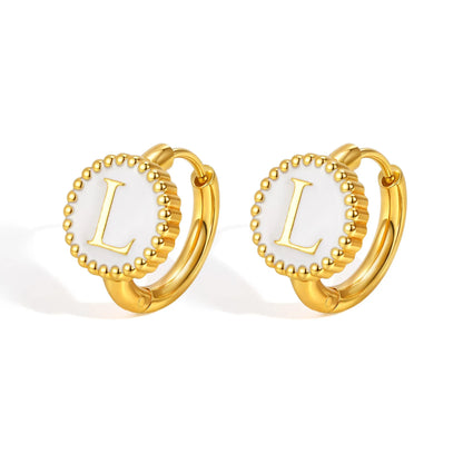 Round gold-tone letter earrings for women in stainless steel with electroplated finish, available in letters A to Z