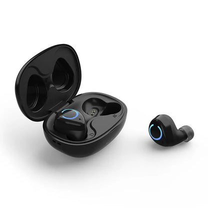 Black and white M18 true wireless in-ear headphones with a small rectangular charging case.