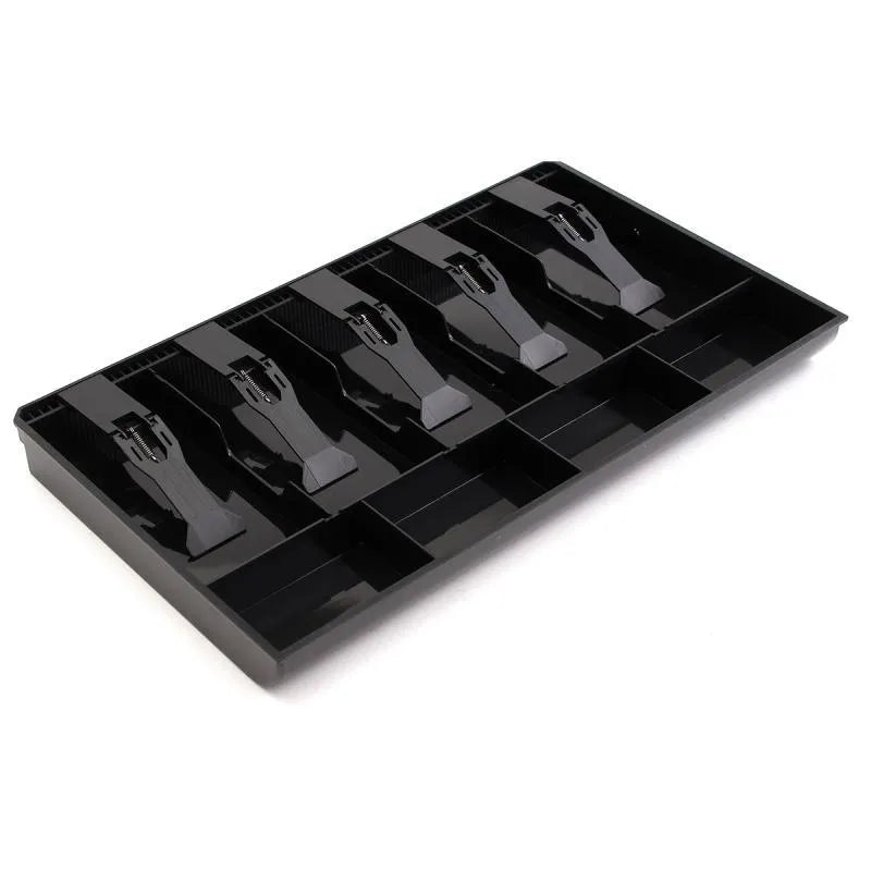 Black and white five-drawer ABS plastic cash register box for organising banknotes and coins.