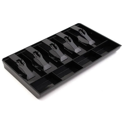 Black and white five-drawer ABS plastic cash register box for organising banknotes and coins.