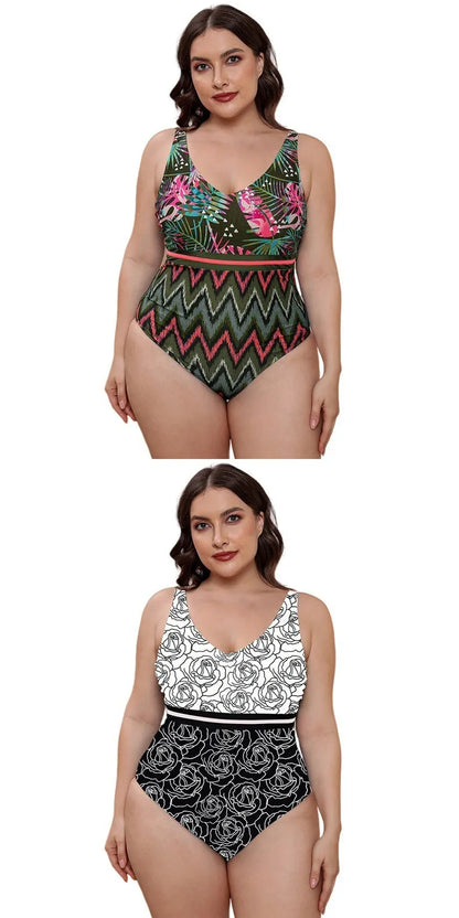 Blue and white printed women's one-piece swimsuit with spaghetti straps and a striped vest design.