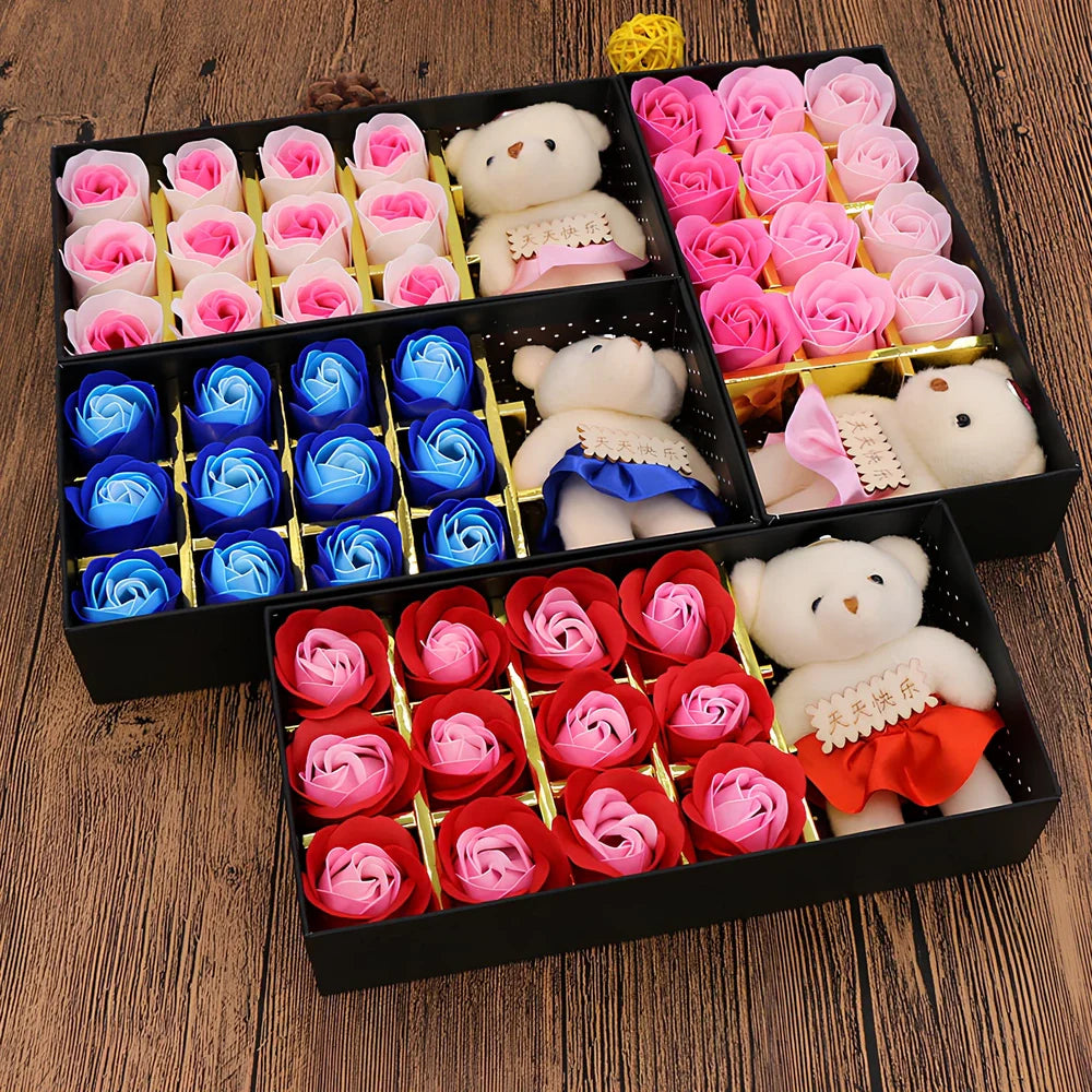 12 rose soap flowers with bear accents in basket arrangement, red colour variant in gift box